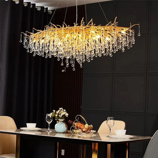 Suspension Design "Pluie Dorée" – Lustre Contemporain en Verre et Métal Doré