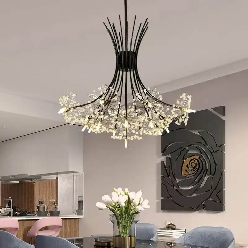 Lustre Floral Contemporain en Noir et Cristal